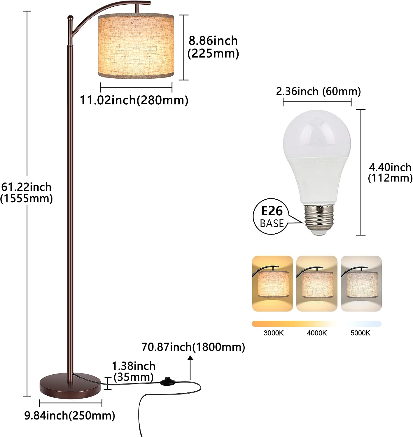 Floor Lamp for Living Room, LED Standing Lamp Tall Industrial Floor Lamp Reading for Bedroom, Office (9W LED Bulb, Beige Lampshade…