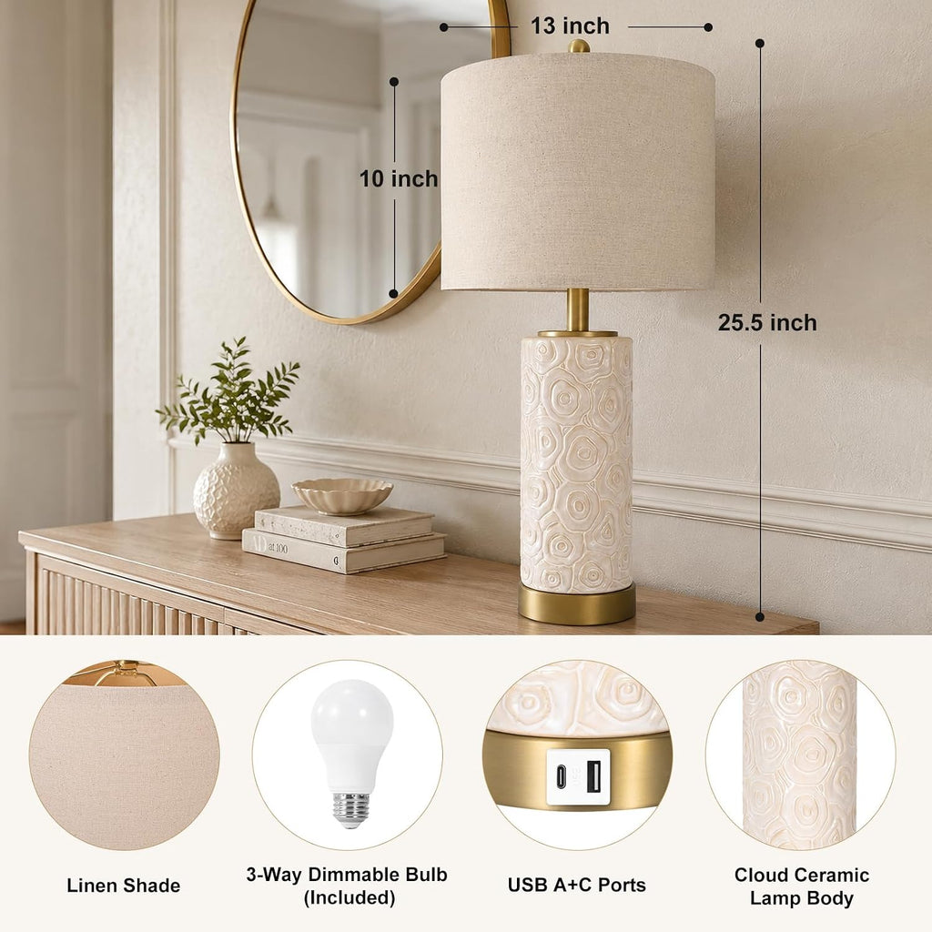 ProductDetails KIVDITZO 25.5" Boho Ceramic Table Lamps Set of 2 with 3-Way Dimmable Bulb for Living Room, Modern Table Lamp with USB A+C Po…
