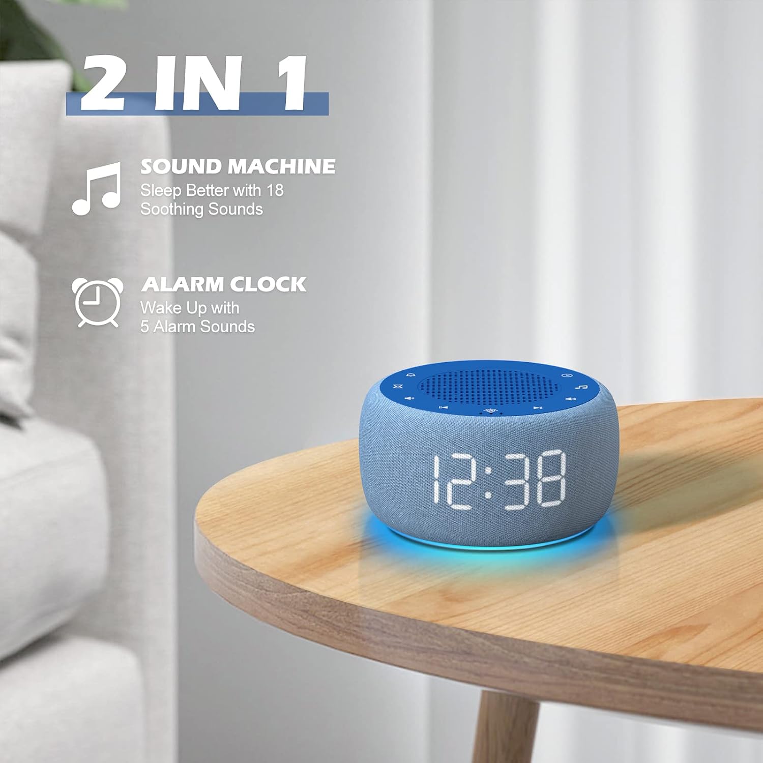 Buffbee Sound Machine & Alarm Clock 2-in-1, 0-100% Clock Face Brightness, Bottom Colored Light, Sleep Timer, Precise 30-Level Volume…