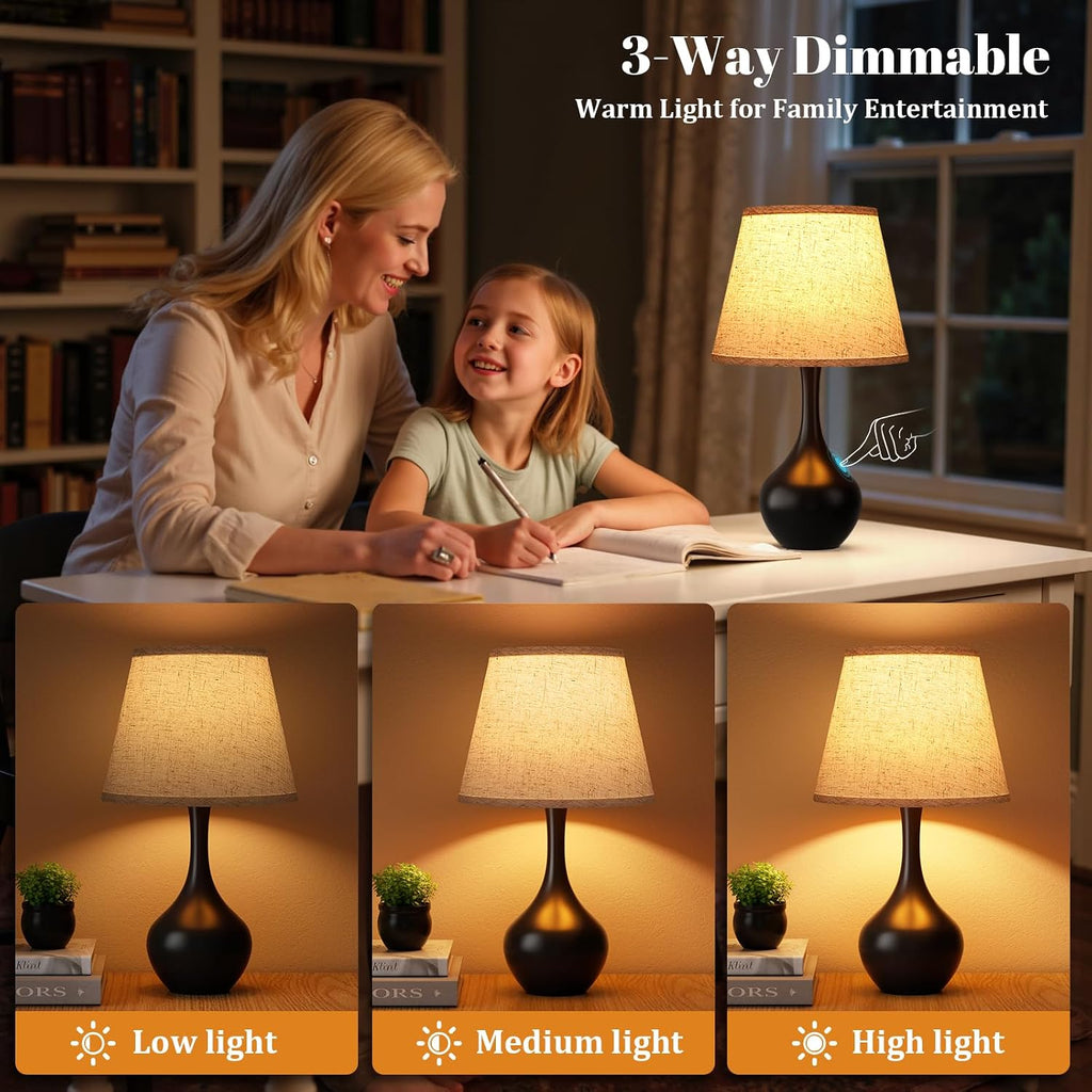 Seealle Touch Table Lamps for Bedroom Set of 2,3-Way Dimmable Small Bedside Lamps for Night Stands with Wires, Black Desk Lamps for Kids…