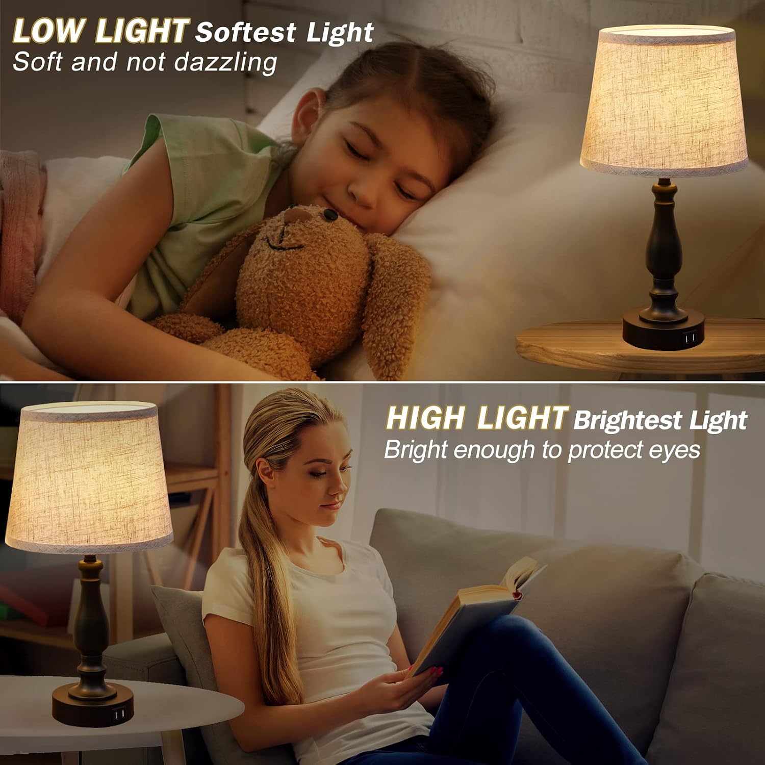 EJIAXIN Table Lamps Set of 2, Bedside Nightstand Lamps with USB Charging Ports, Dimmable Touch with Linen Fabric Lampshade, Modern Small…
