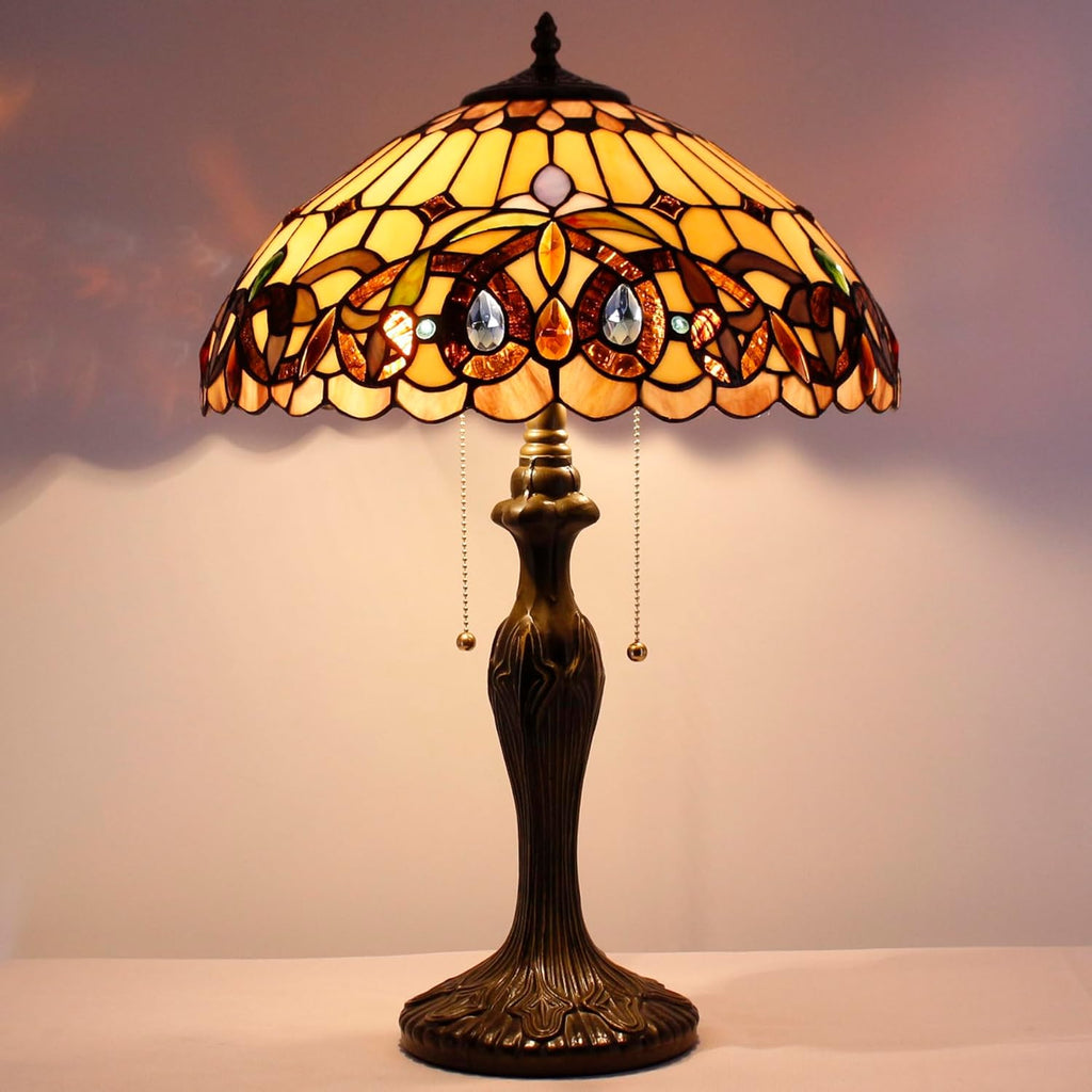 WERFACTORY Tiffany Style Table Lamp Colorful Stained Glass Serenity Victorian Bedside Lamp16X16X24 Inches Desk Light Metal Base Decor…