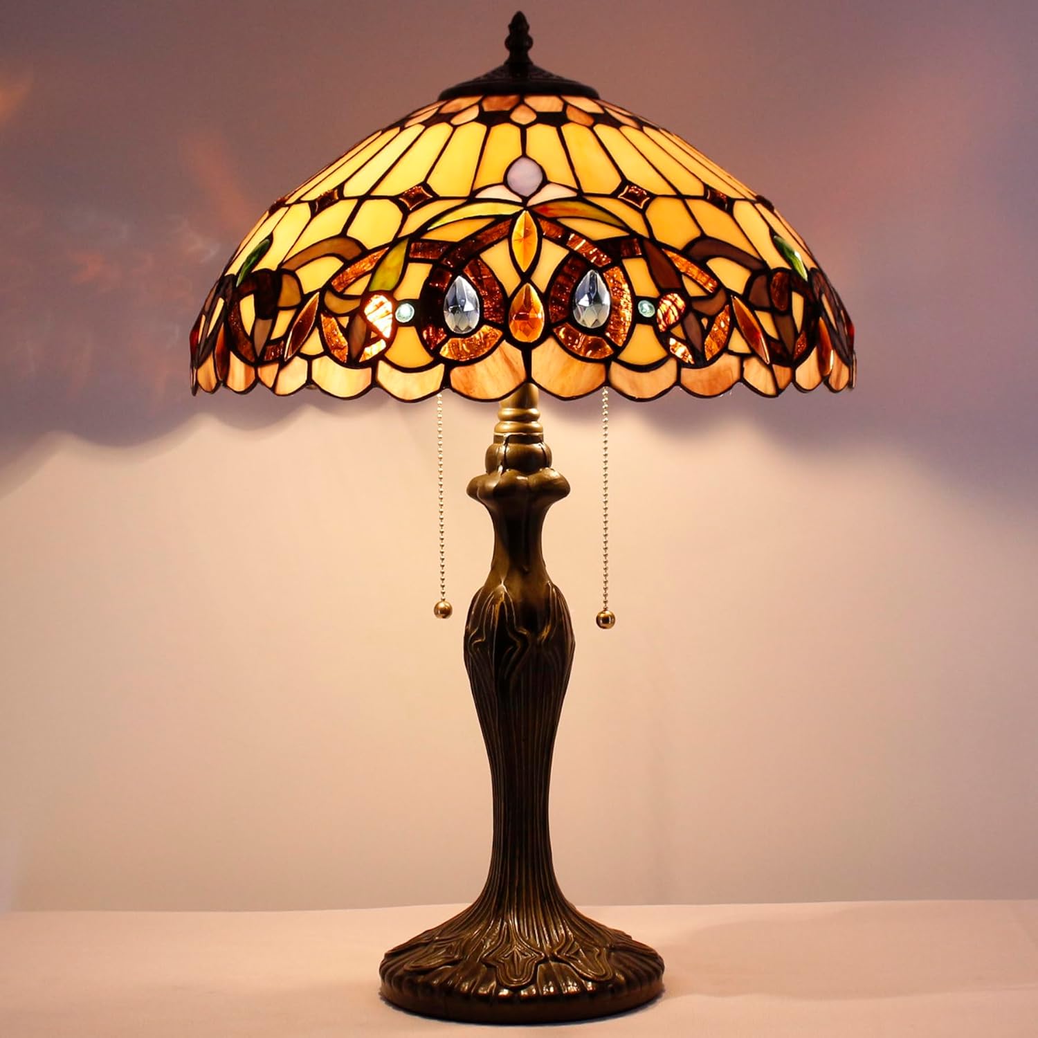 WERFACTORY Tiffany Style Table Lamp Colorful Stained Glass Serenity Victorian Bedside Lamp16X16X24 Inches Desk Light Metal Base Decor…