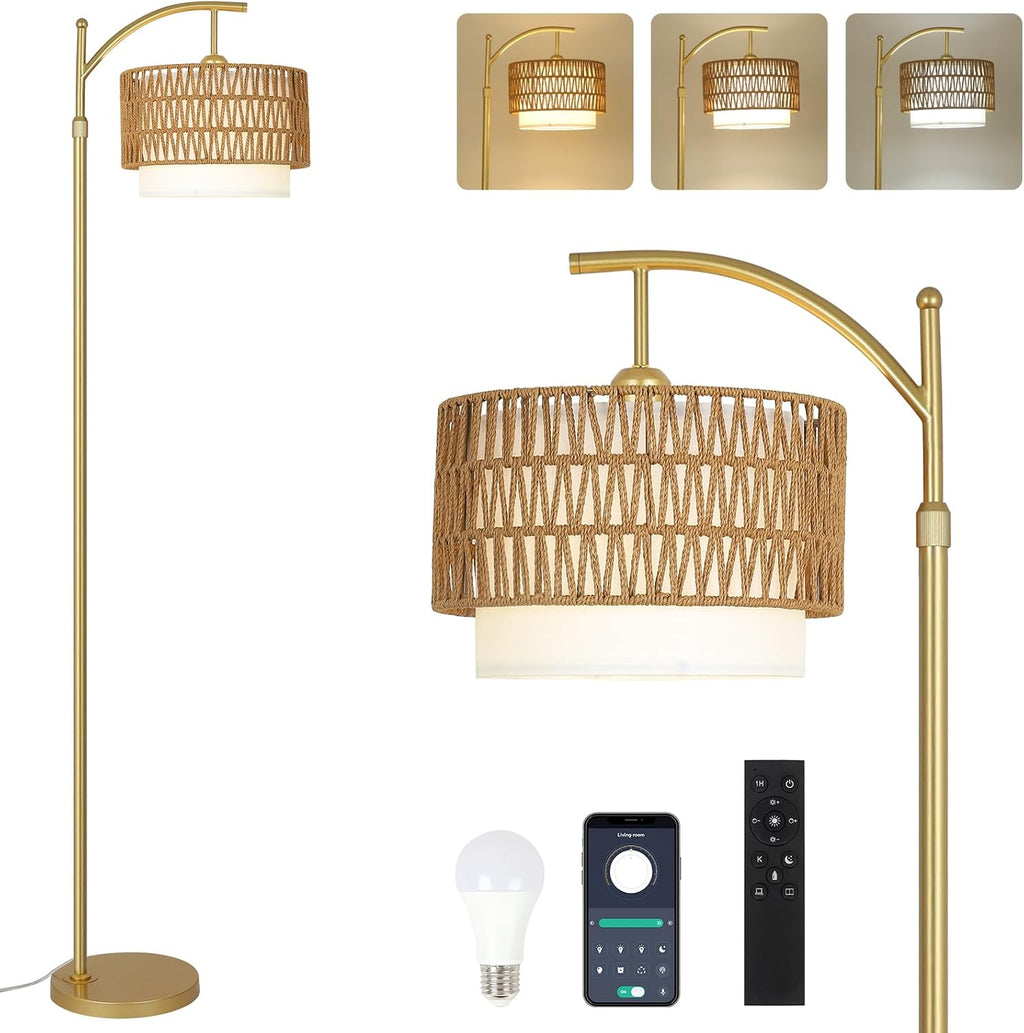 Gold Floor Lamps for Living Room with Remote & Dimmable LED Bulb, Modern Arc Floor Lamp with 3 Color Temperatures, Boho Standing Lamp…