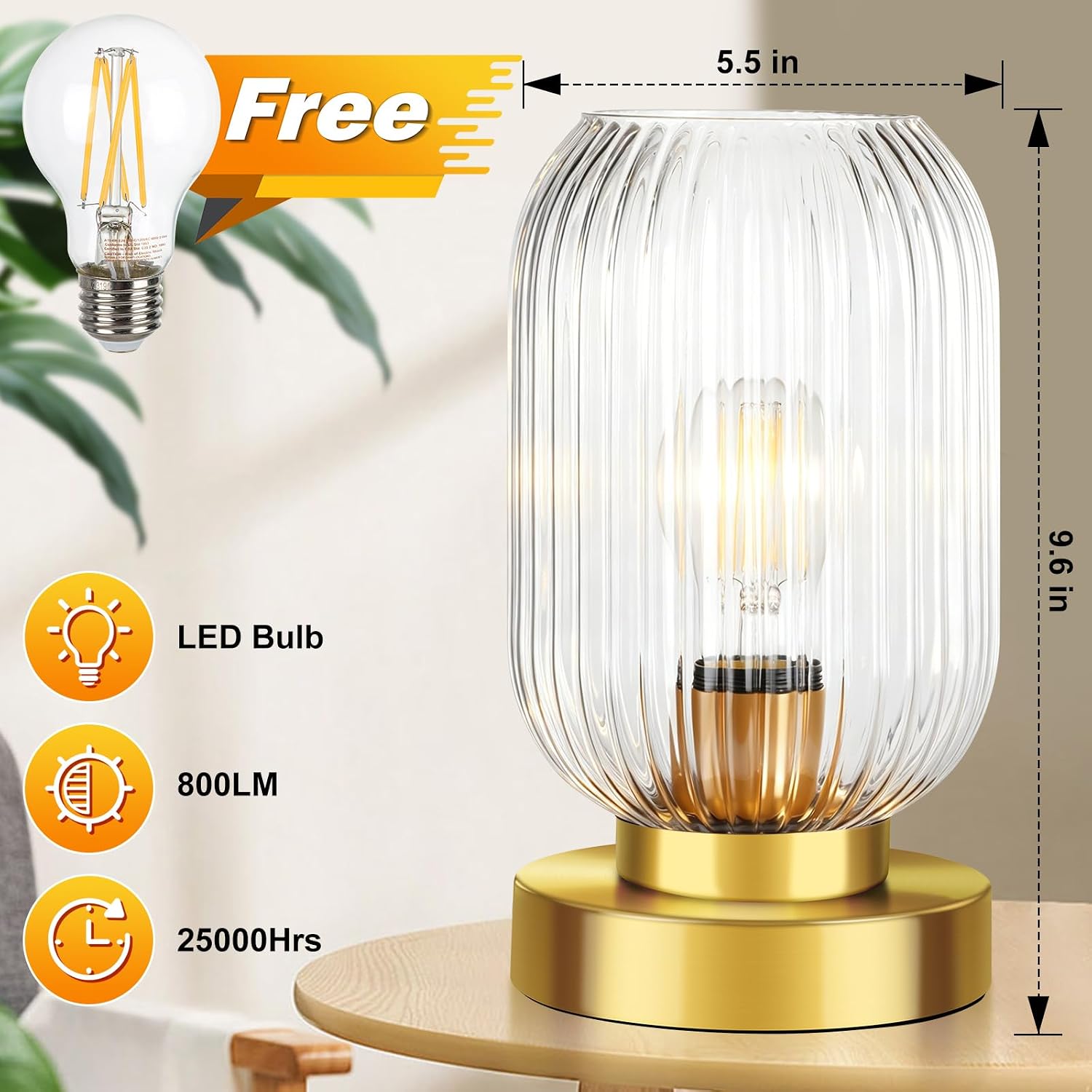 Mid Century Modern Table Lamp with Clear Ribbed Glass Shade, Touch Control & 3 Way Dimmable, Small Gold, Vintage Bedside Lamp for…
