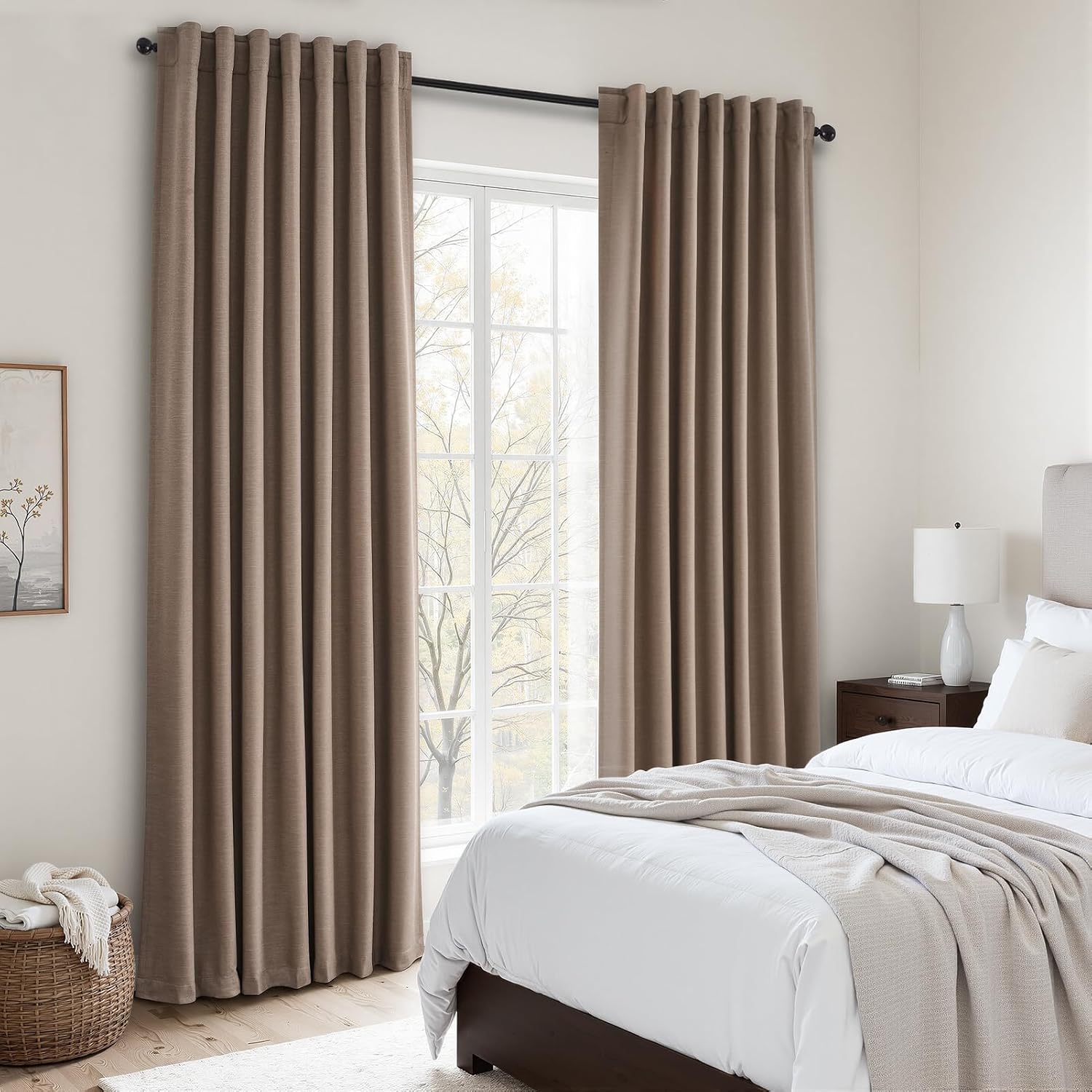 Topfinel 92 inch Long 100% Blackout Drapes 2 Panels Linen Texture Curtains Warm Taupe Window Curtain with Back Tab Rod Pocket Light Blockin…