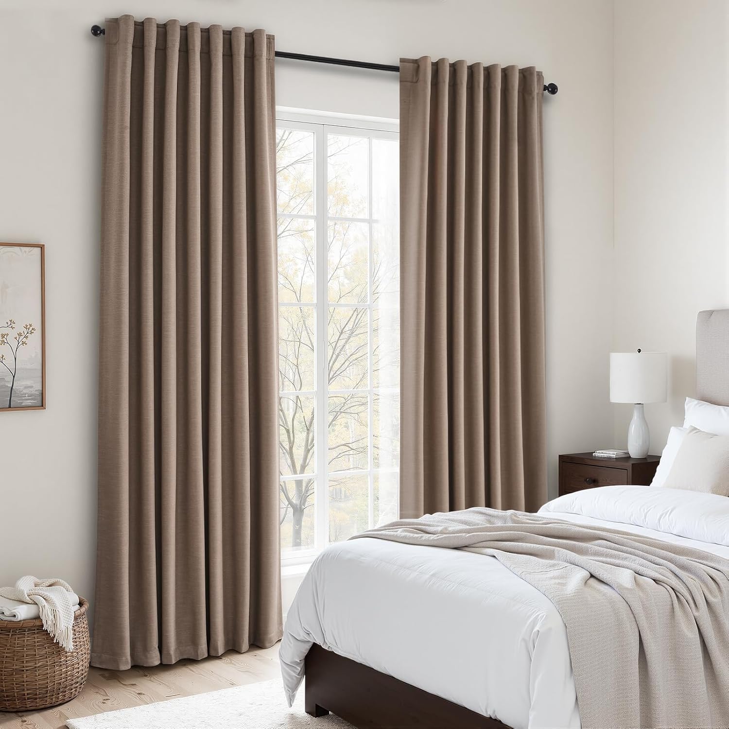 Topfinel 96 inch long linen blackout curtains 2 Panels 100% Black out Linen texture Curtain Modern Farmhouse Dark Flax Window Drapes with B…