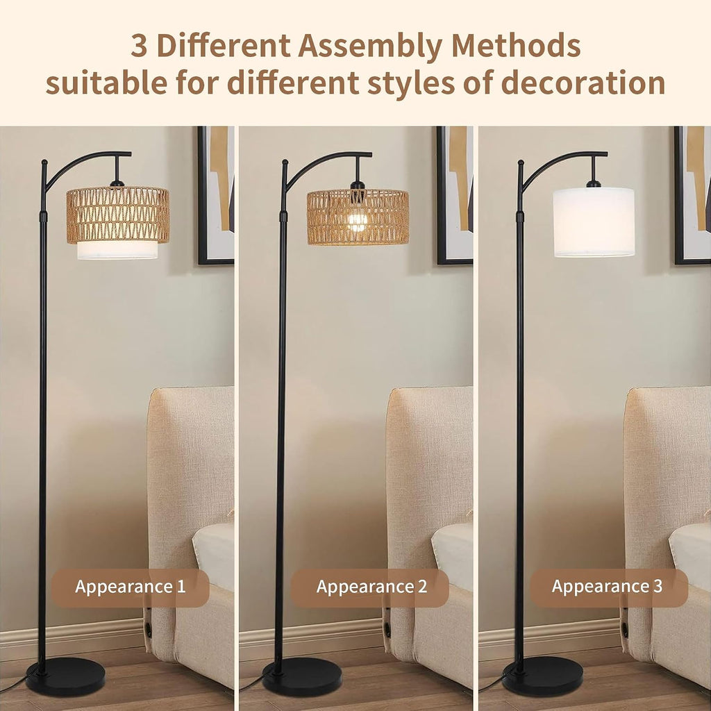 ZECOXOL Arc Floor Lamp for Living Room Boho Floor Lamps with Remote Control & with 3 Color Temperatures, Rattan Wicker Standing Lamp…