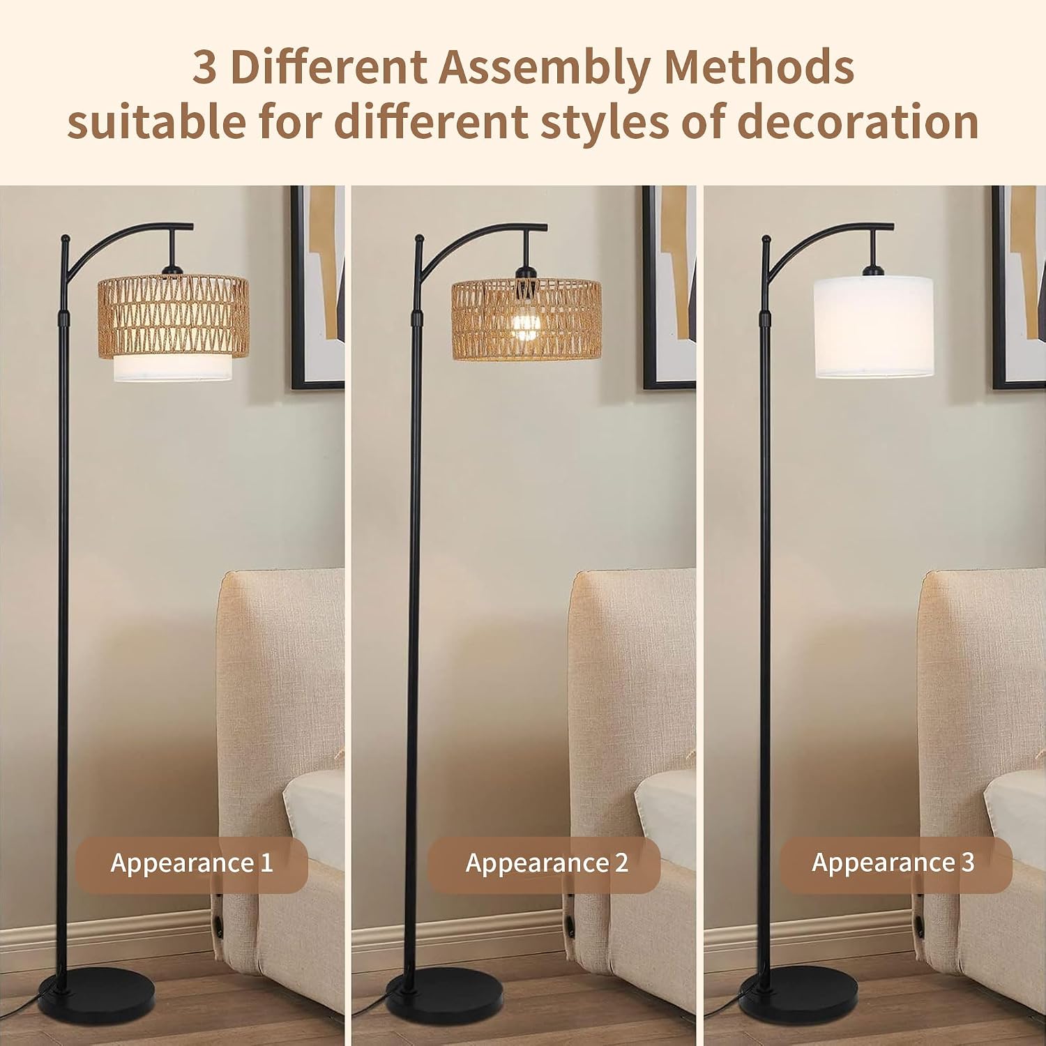 ZECOXOL Arc Floor Lamp for Living Room Boho Floor Lamps with Remote Control & with 3 Color Temperatures, Rattan Wicker Standing Lamp…