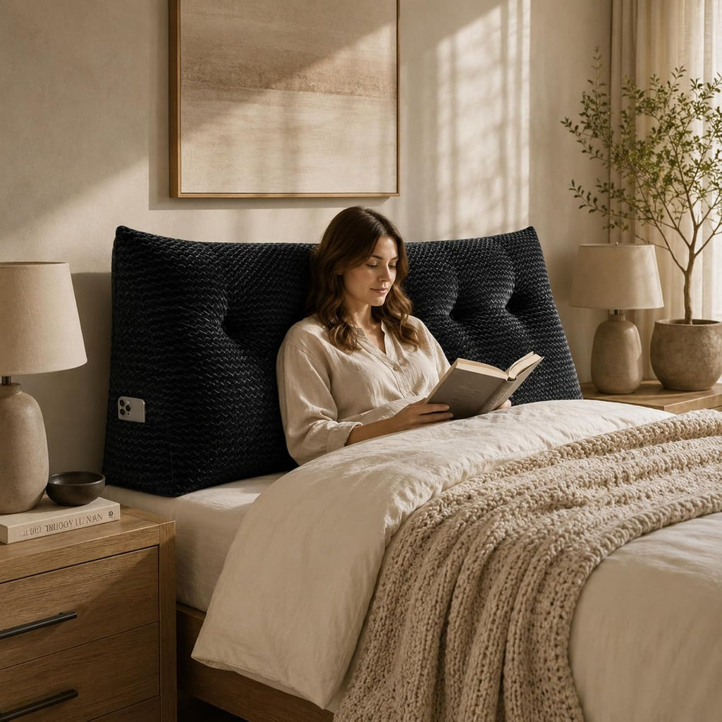 Headboard Pillow Queen Size, Reading Pillow for Bed, Wave Pattern Wedge Pillow, Tufted Backrest Support, Headboard Substitute, Darkgray