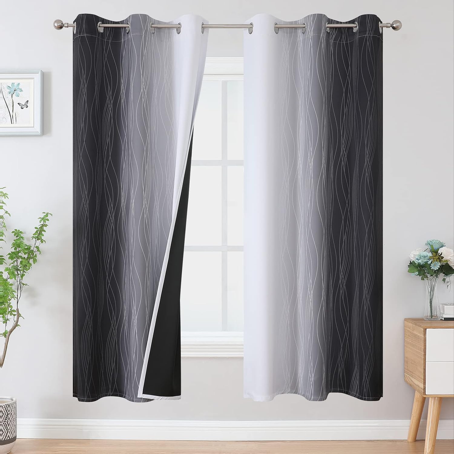 Estelartextiler Estelar Textiler Full Room Darkening Blackout Curtains 72 Inch Length 2 Panels Set, Ombre Greyish White and Black Thermal I…