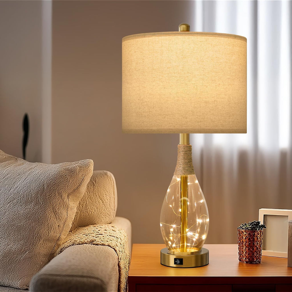 OYEARS 23" Table Lamps for Living Room Set of 2 Bedside Lamps for Night Stands Bedroom Lamps Farmhouse Rattan Boho Lamp Glass Nightlight…