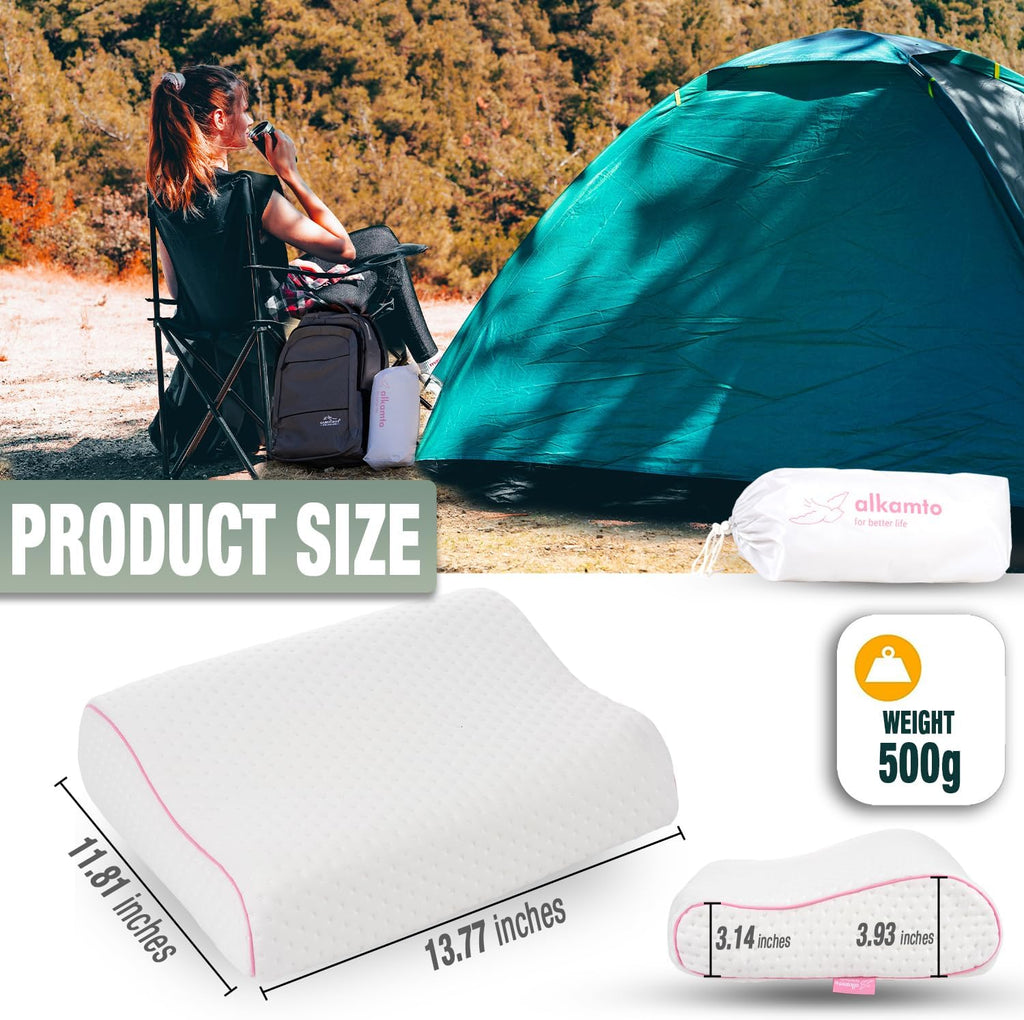 alkamto Travel & Camping Comfortable Memory Foam Pillow – Easy to Carry Portable Bag – Temperature Regulating Pillow Case (Pink Contour +…