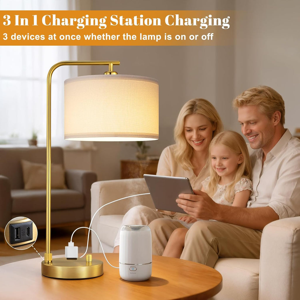 Innqoo Bedside Table Lamps for Bedroom Set of 2-Dimmable Nightstand Lamps with USB Port and Outlet, Modern Gold Lamps with Linen…