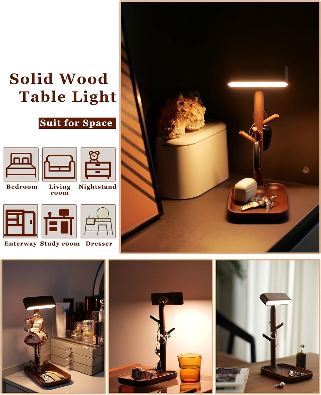 Wooden Table Lamp, Tree Trunk Rechargeable LED Bedside Lamp with Jewelry Tray, 360° Rotating Cordless Lamp for Nightstand or Entryway…