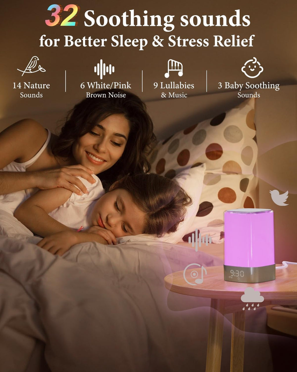 Sound Machine Alarm Clocks for Bedroom with 32 Soothing Sounds, White Noise Machine for Baby & Adults Sleep, Bluetooth Speaker & Night…
