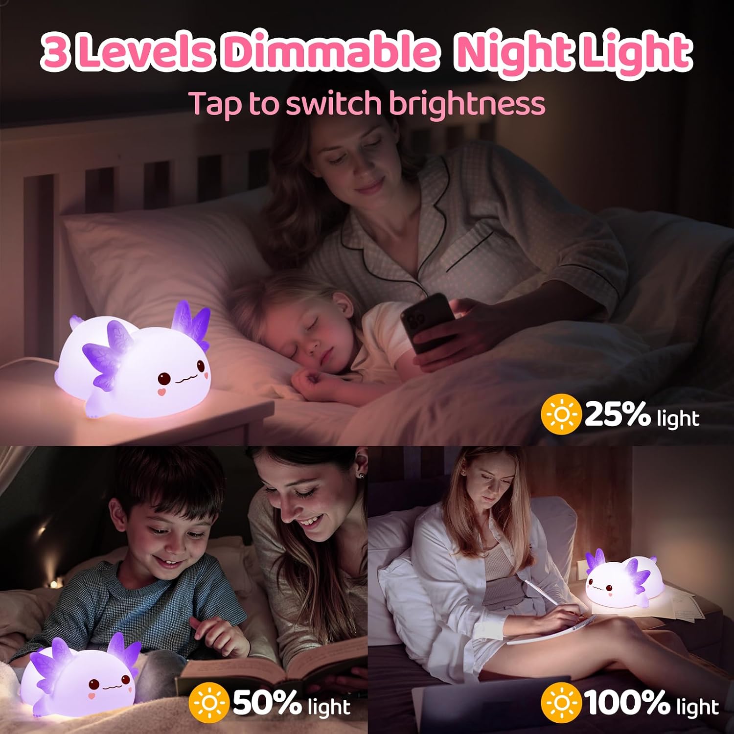 Mewaii Huggwaii Squishy Axolotl Night Light for Kids, Dimmable Silicone Kids Night Light with 4 White Noise, 2025 Upgraded Rechargeable…