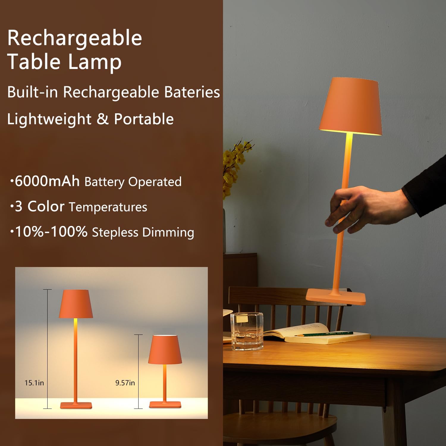 Yogaret Orange Cordless Table Lamp Set of 2-3 Way and Stepless Dimmable - for Restaurant Dining Bedroom Home Bar