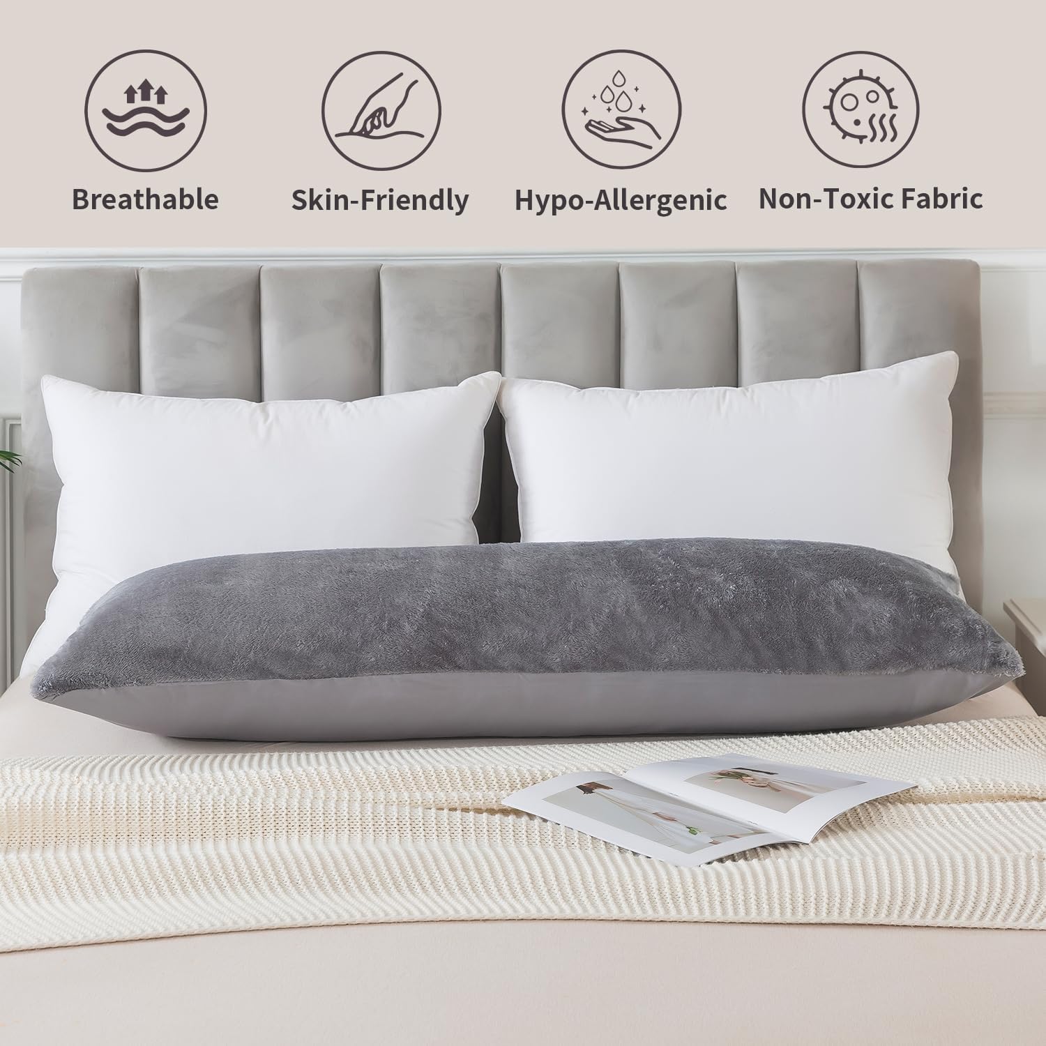 WhatsBedding Memory Foam Body Pillow with Plush Fuzzy Cover, Full Body Pillow for Adults, Long Pillow for Sleeping, Soft Fluffy Supportive