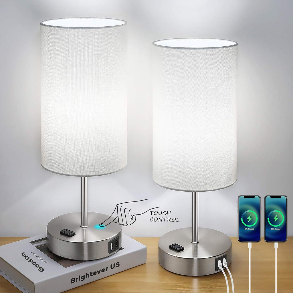 Brightever Set of 2 Touch Control Table Lamps with 2 USB Charging Ports&AC Outlet, 3-Way Dimmable Bedside Nightstand Lamps with White Fabri…
