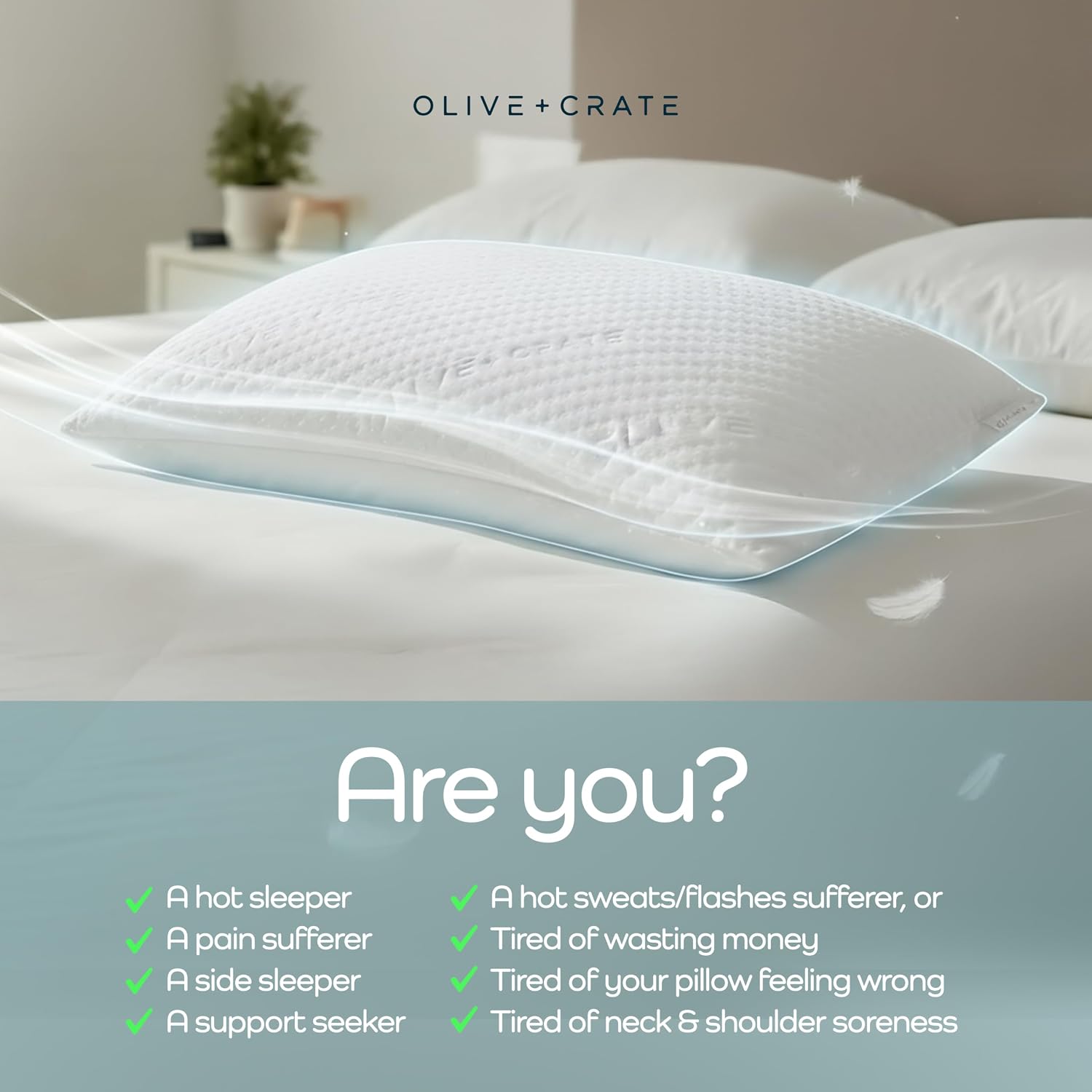 OliveCrate Olive + Crate BreathePureTM Adjustable Cooling Shredded Memory Foam Pillow - Breathable Bamboo Viscose Cover for Temperature Cont…