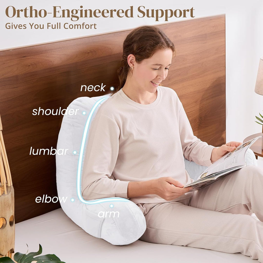Sasttie Reading Pillow, Pillows for Reading or Relaxing – Ergonomic Support for Head, Neck, Back, and Lumbar, 21-Inch, White White