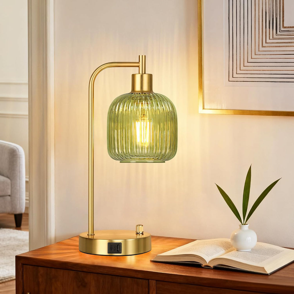 QiMH Industrial Table Lamp for Bedroom Set of 2, Green Glass Beside Lamp with USB A&C Ports, Stepless Dimmable Gold Lamps, Nightstand…