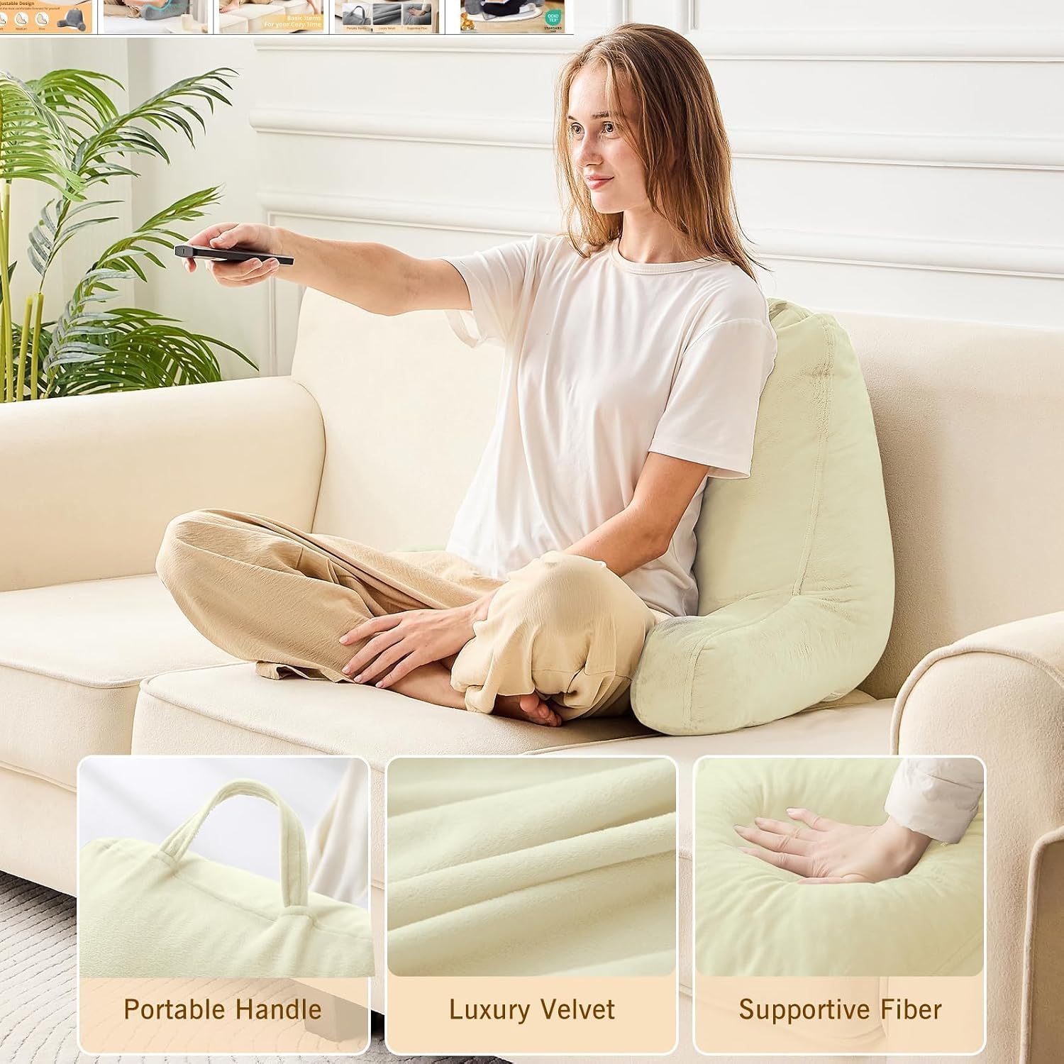 Sasttie Reading Pillow, Velvet Back Pillow for Bed Sitting Up, Adult Back-Rest Support Cushion with Arms for Sit Up on Couch, Sofa, and…