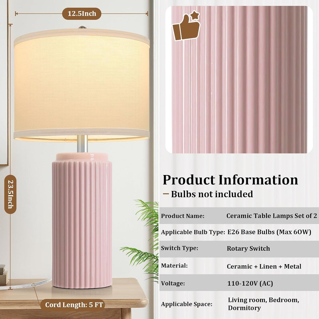 Tobusa 23.5’’ Modern Pink Table Lamps Set of 2 for Living Room, Ceramic Bedside Lamps with White Linen Shade for Girls Room, Rustic Nightst…