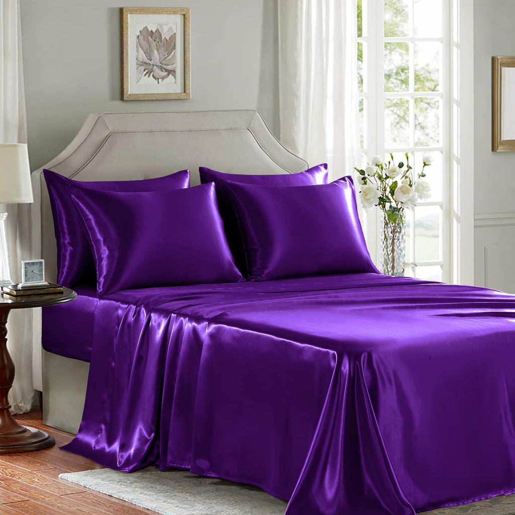 Golal Satin Sheets Queen Size - 6 Pieces Luxury Silky Soft Bed Sheets, Wrinkle-Free Dark Purple Satin Silk Sheet Set with 1 Deep Pocket Fit…