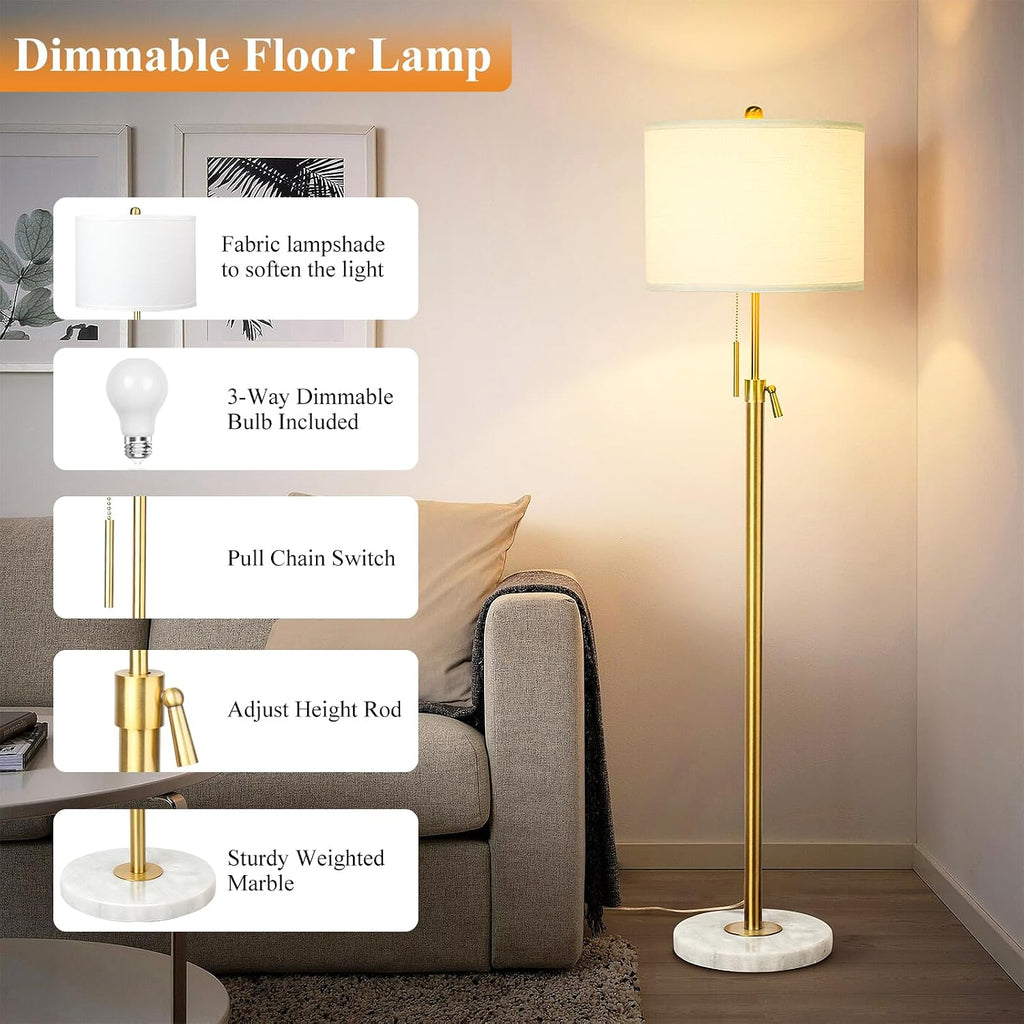 Qingmiao Gold Floor Lamps for Living Room, 55"-67" Height Adjustable Modern Tall Lamp, 3-Way Dimmable Standing Lamp for Bedroom Office…