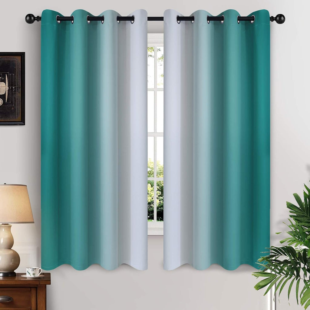 Yakamok Teal and Greyish White Ombre Curtains 63 Inch Length, Light Blocking Gradient Color Curtains, Room Darkening Thermal Insulated Grom…