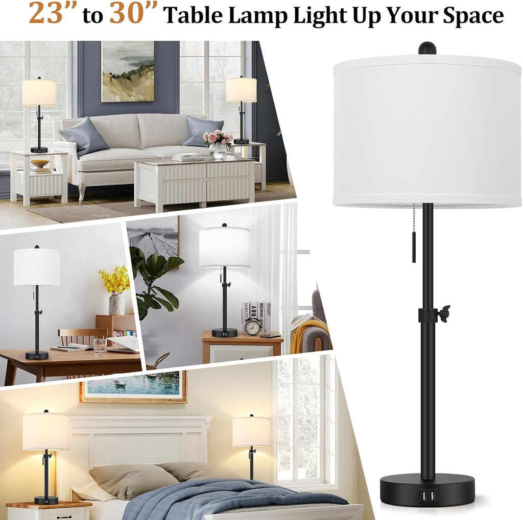 Kondras Table Lamp for Bedroom Set of 2, 23" to 30" Height Adjustable Bedside Lamp with 2 USB Ports, Black Nightstand Lamp with White…