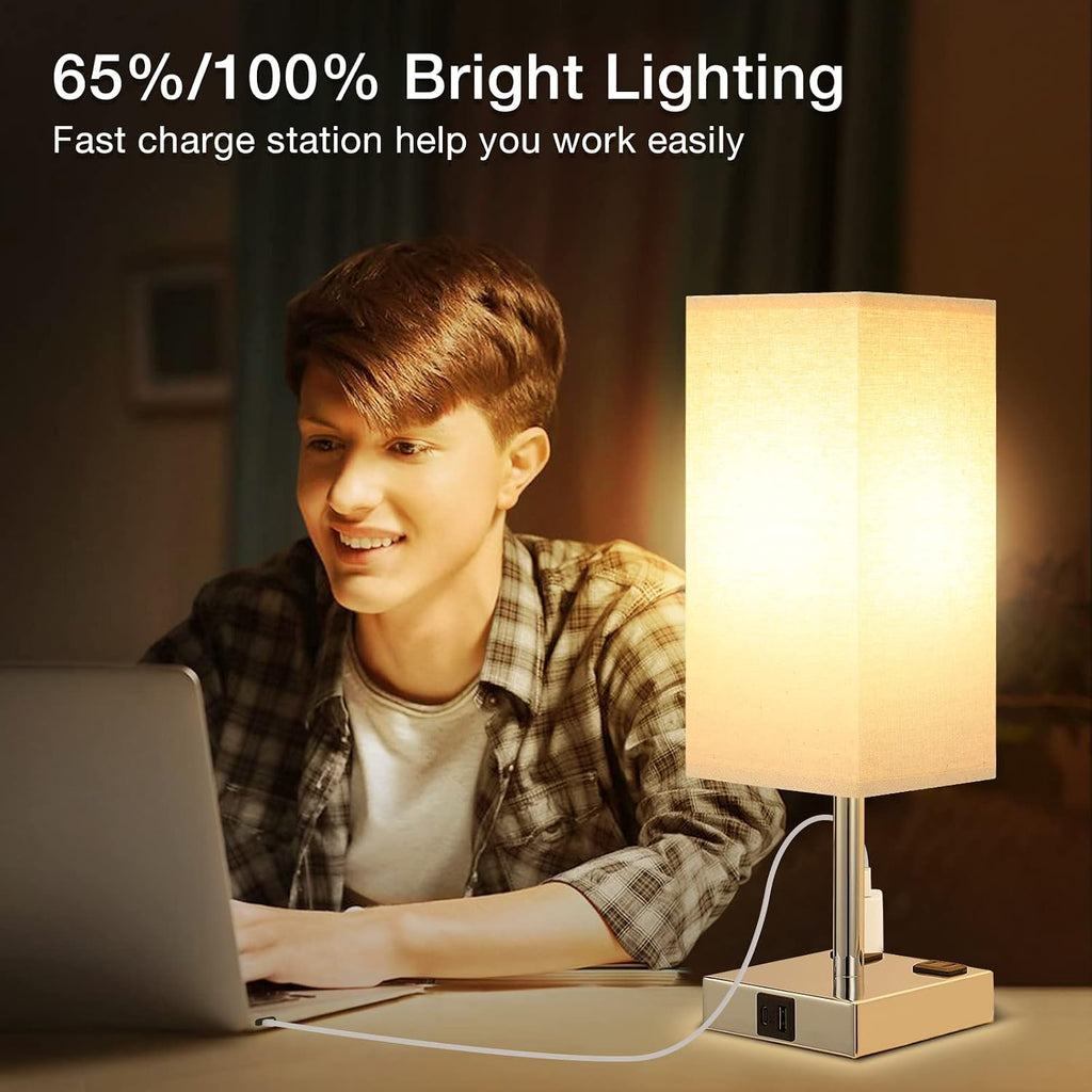 aooshine Beige Set of 2 Touch Lamp with USB Port-Nightstand Lamp with USB-C+A Charge Ports& AC Outlets, 3-Way Dimmable Bedside Lamp with…