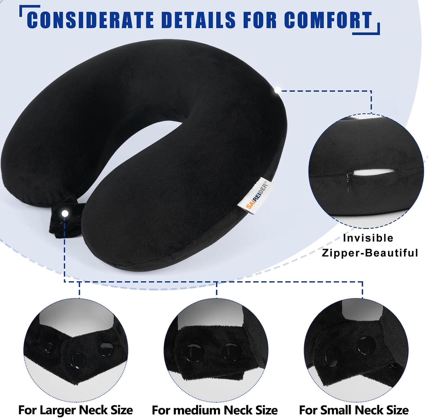 SAIREIDER Travel Pillow 100% Pure Memory Foam Travel Neck Pillow, Airplane Pillow for Traveling、Car、Home、Office, Washable Cover(Black)