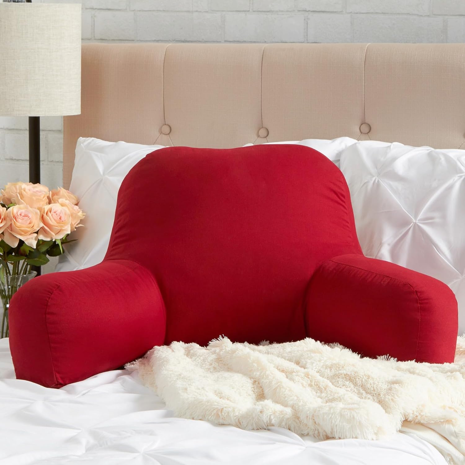 Greendale Home Fashions Cotton Duck Bed Rest Reading Pillow with Arms, Crimson