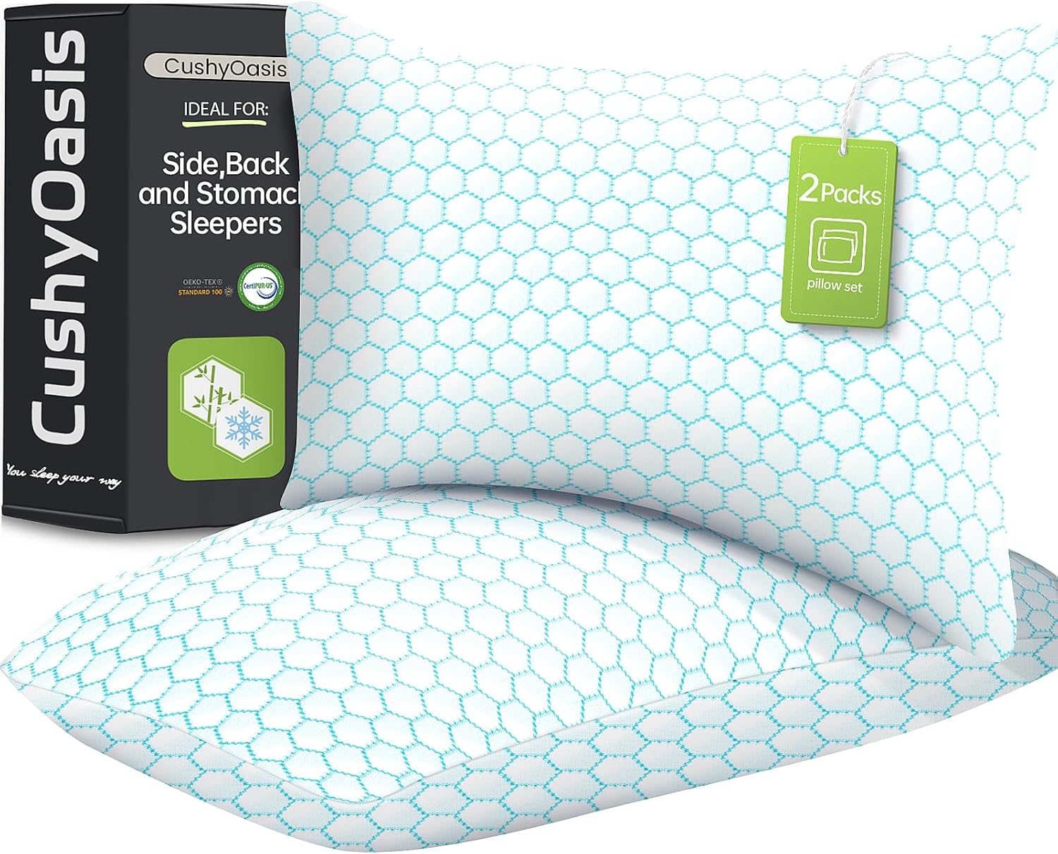 CushyOasis Shredded Memory Foam Pillow for Sleeping, Cooling Bed Pillows Set of 2, Adjustable Pillows for Side, Back, Stomach Sleepers with…