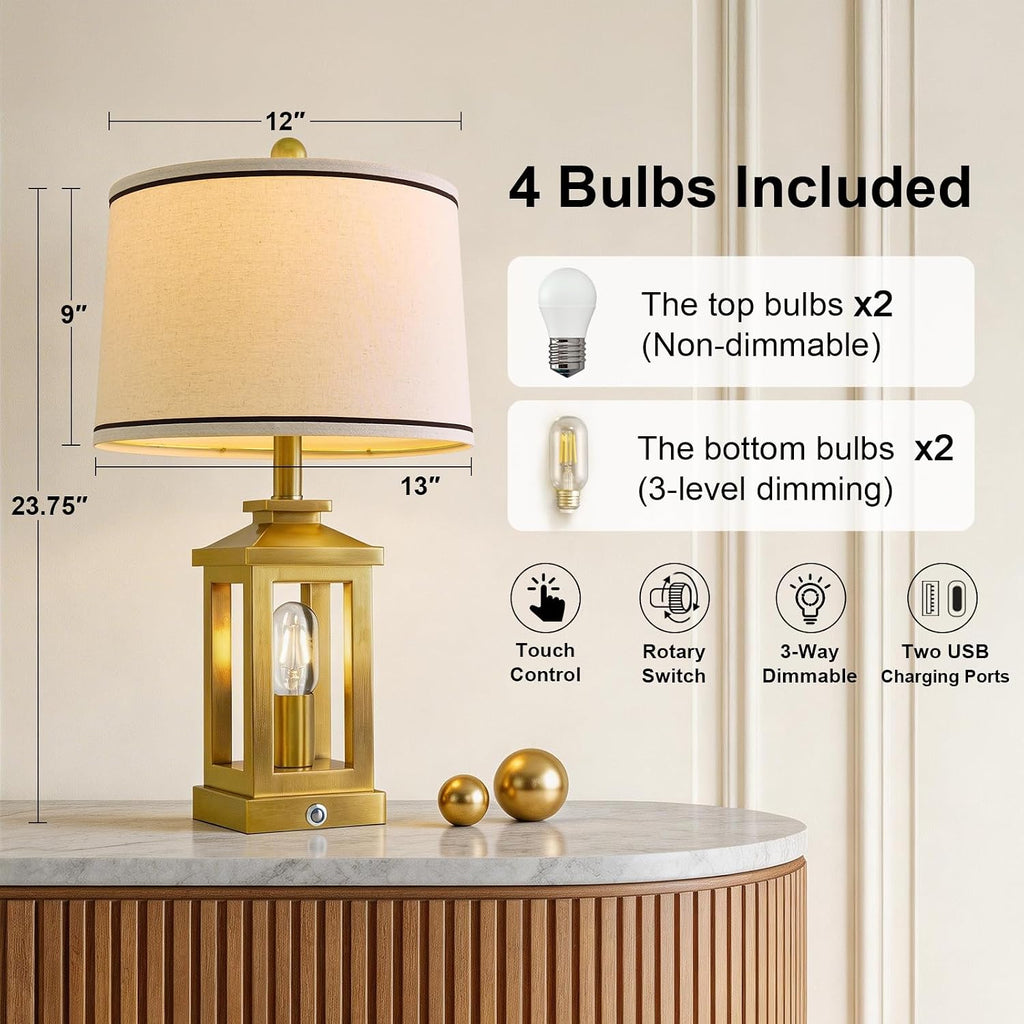 G-SAFAVA 24" Table Lamps for Living Room Bedroom Modern Gold Bedside Lamps Set of 2 Nightstand Lamps for Night Stands 3 Way Dimmable…