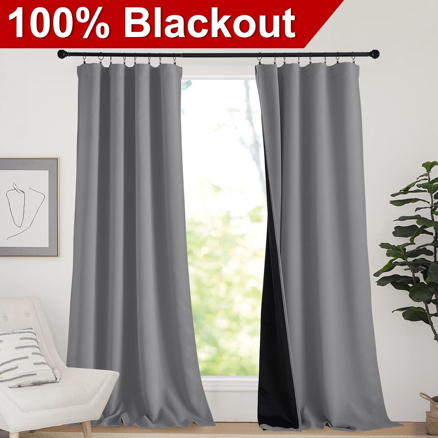 Nicetown Total Shade Curtains and Draperies, Silver Grey Blackout Bedroom Curtains, Heavy-Duty Rod Pocket Drapes with Black Liner Backing f…
