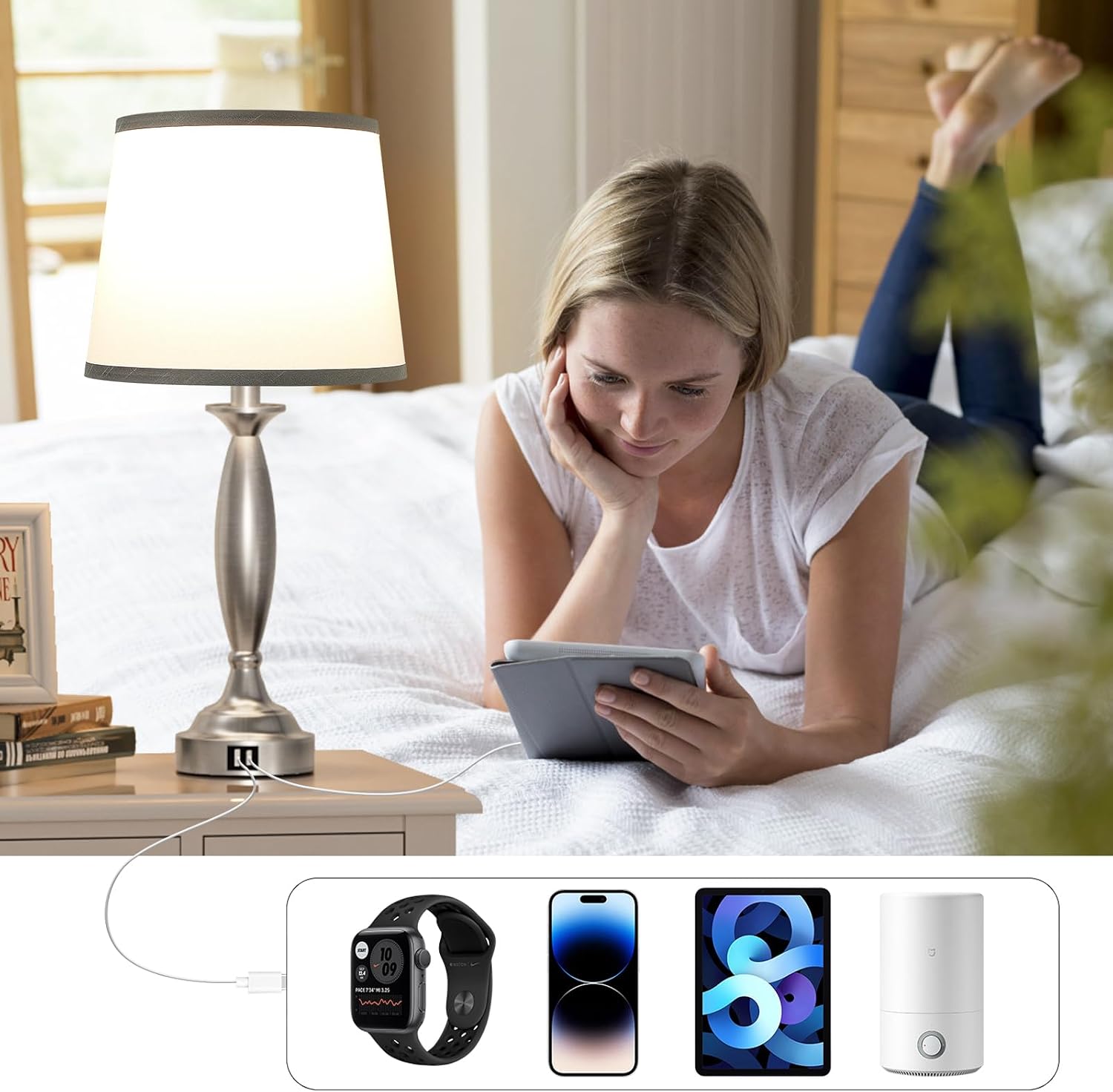 Seealle Touch Bedside Lamps for Nightstand Set of 2 - Bedroom Lamps with USB C+A, 3 Way Dimmable Nightstand Lamps, Brushed Nickel Table…