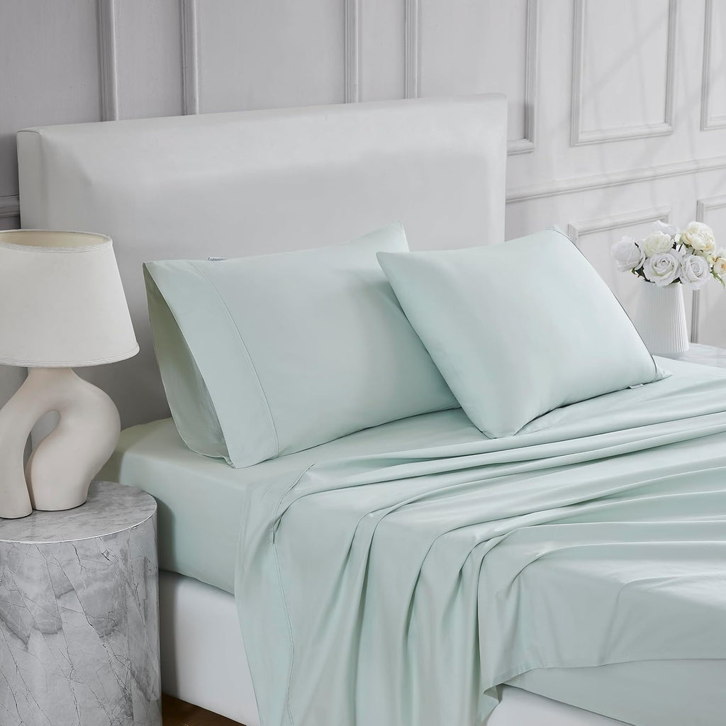 Linen Closet 4 Pcs 100% Cotton Queen Sheet Set, Sea Green, 400 Thread Count, Percale Weave, Deep Pocket Fitted Sheet, Fits Up To 18"…