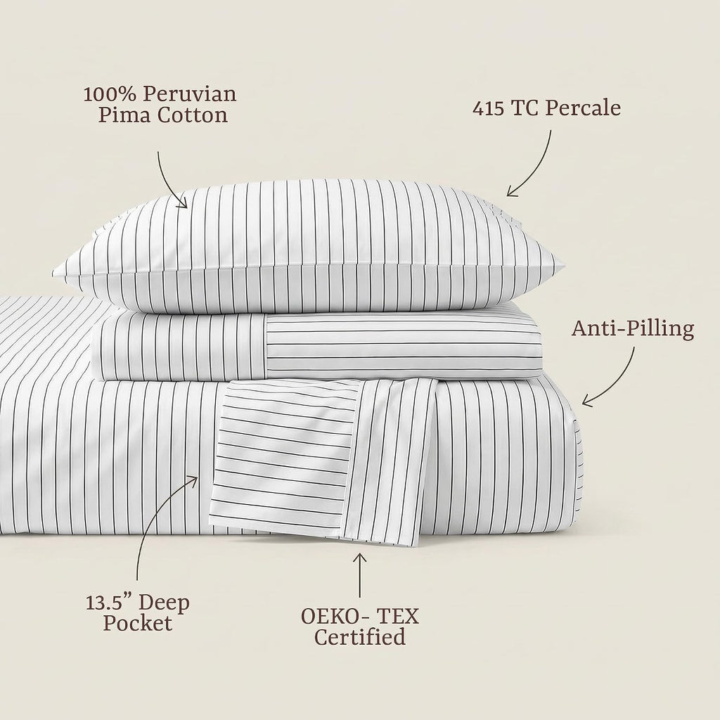 Perupima Peru Pima 415 Thread Count Percal Full Sheet Set - 100% Peruvian Pima Cotton, 4 Piece (Flat, Fitted, 2 Pillowcases) - Cooling, Cri…