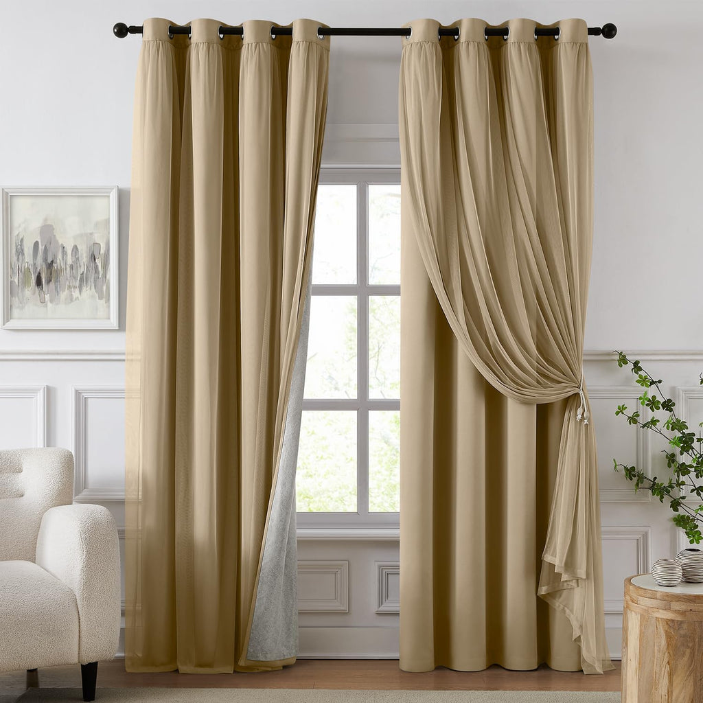 Swandream 100% Blackout Curtains for Bedroom, Double Layer Khaki Curtains, Black Out Curtain 84 inch Long with Sheer Overlay for Living Roo…