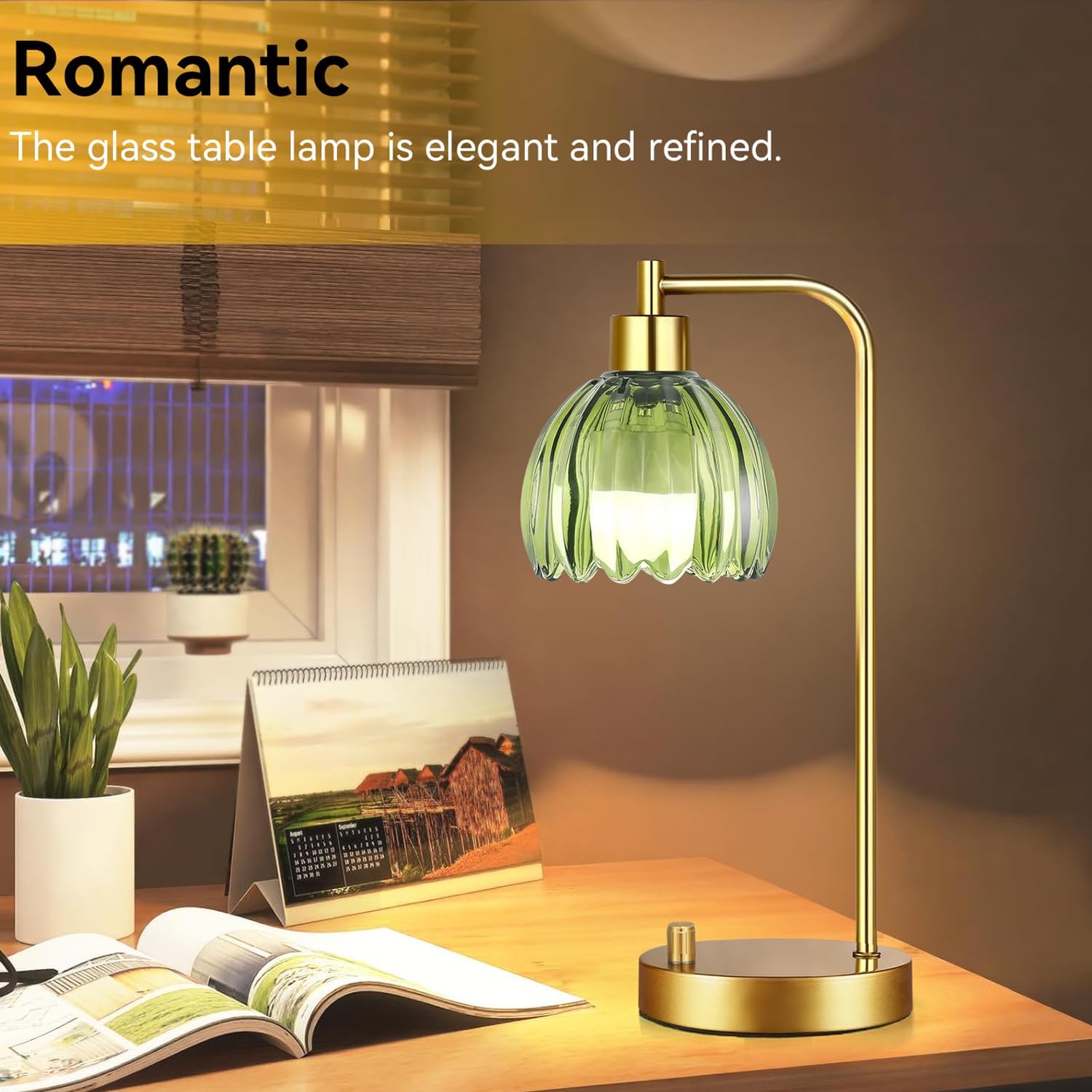 ILLMTW Green Table Lamp Set of 2, Small Glass Bedside Lamps Dimmable Boho Bedroom Lamp with Tulip Flower Lamp Shade, Gold Vintage Mid…