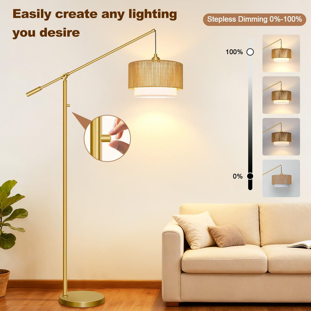 Upgraded】Arc Floor Lamp for Living Room, Boho Dimmable Swing Arm Floor Lamp with Rattan & Fabric Shades, Gold Rattan Standing Lamp with…