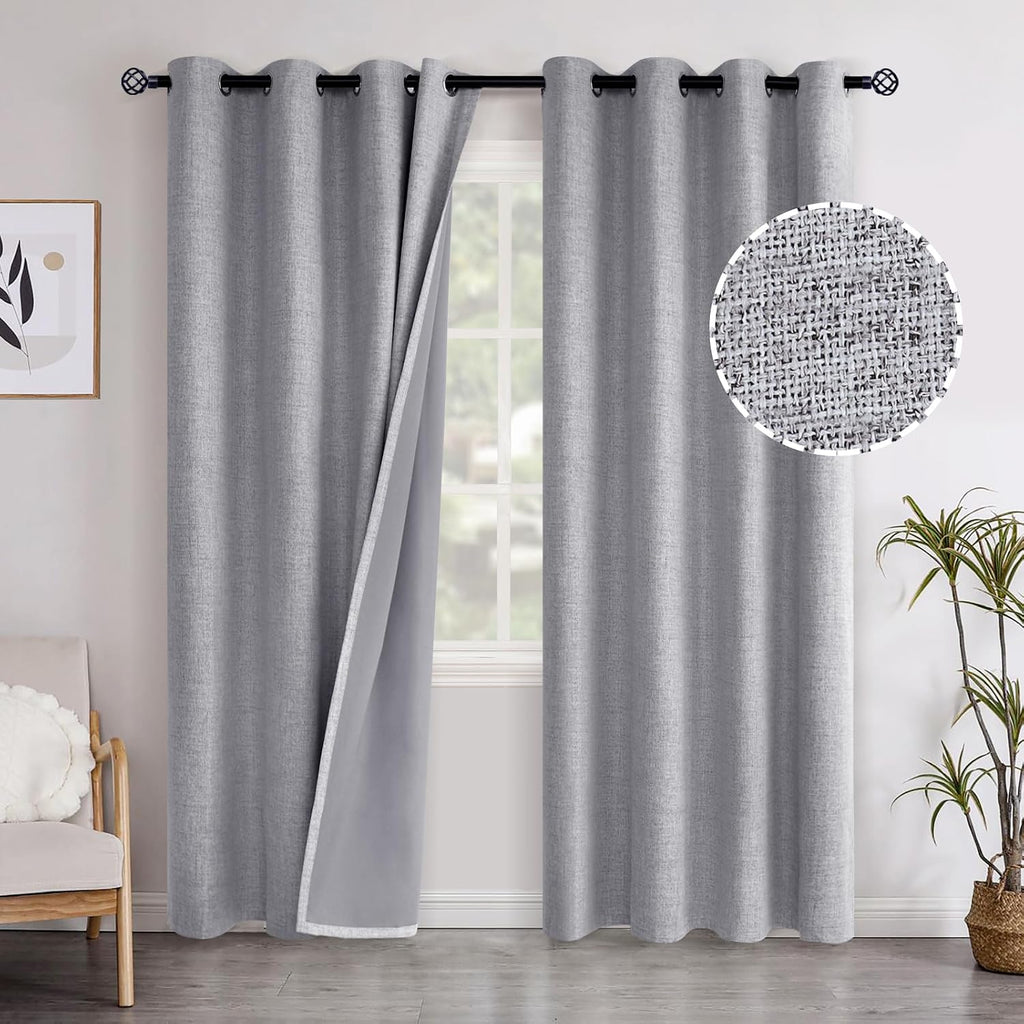 YoungsTex Grey Linen Blackout Curtains for Living Room 84 Inches Long, Thermal Insulated Window Drapes with Grommet Full Room Darkening Ene…