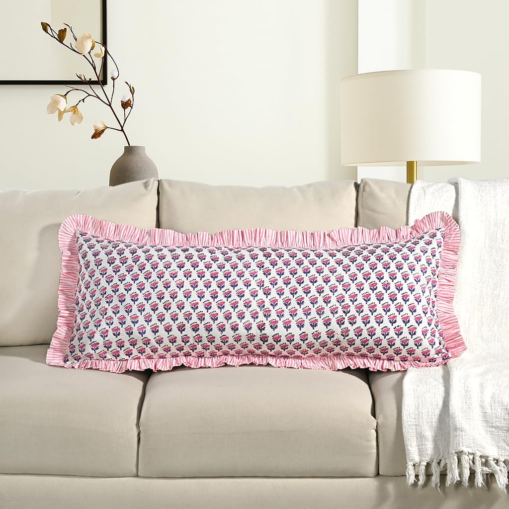 Cottonprintclub CPC Hand Block Print Pink Sapphire Ruffle Sham Pillow Cover 36" x 14" inch Hidden Zipper Decorative Pillowcase for Couch, B…