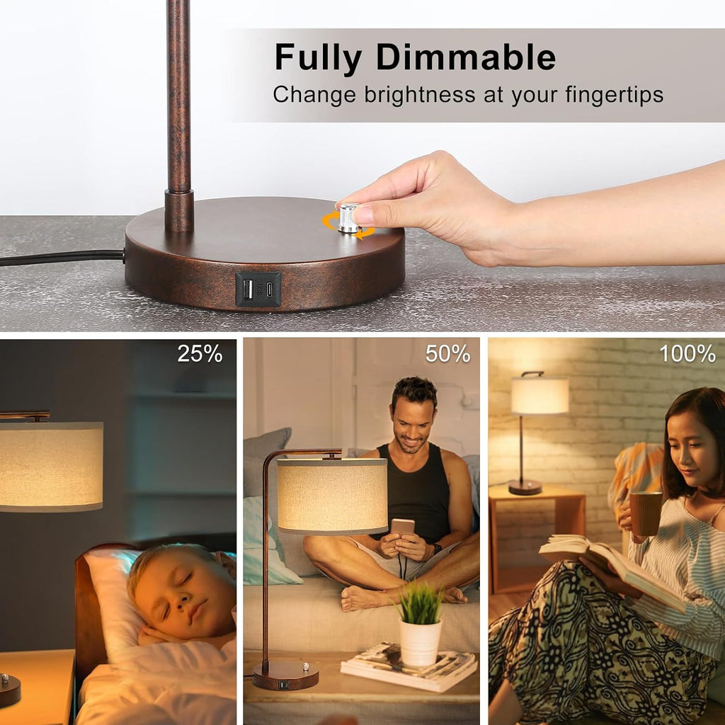Vintage Table Lamp, Fully Dimmable Table Lamp with C+A USB Charging Ports, Farmhouse Bedside Lamp Nightstand Light, Tall Reading Desk…