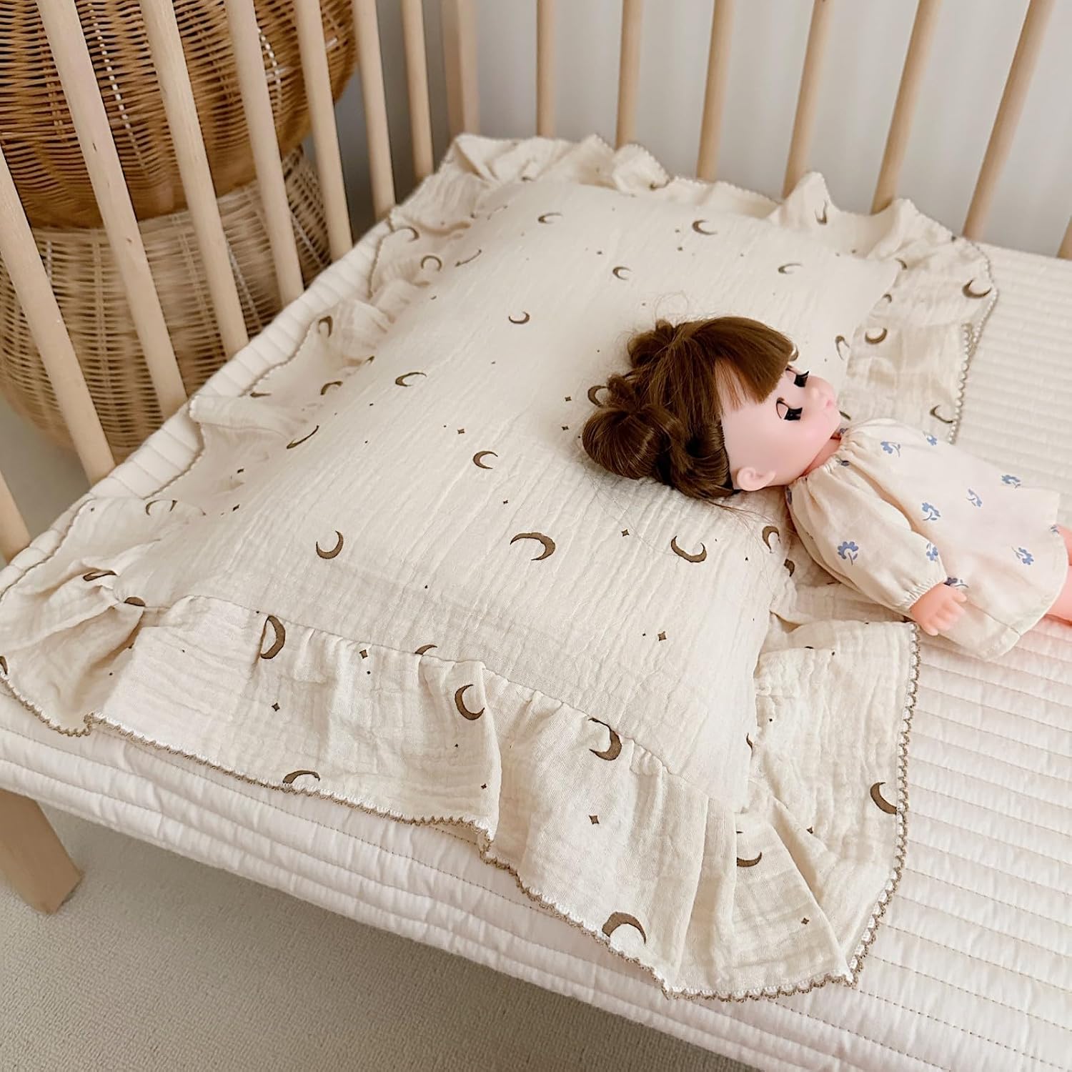 BuLuTu Muslin Toddler Pillowcases Girls Boys, Soft Breathable Cotton Kids Pillow Cover, Moon Star Pattern Shabby Chic Nursery Pillow Cases…