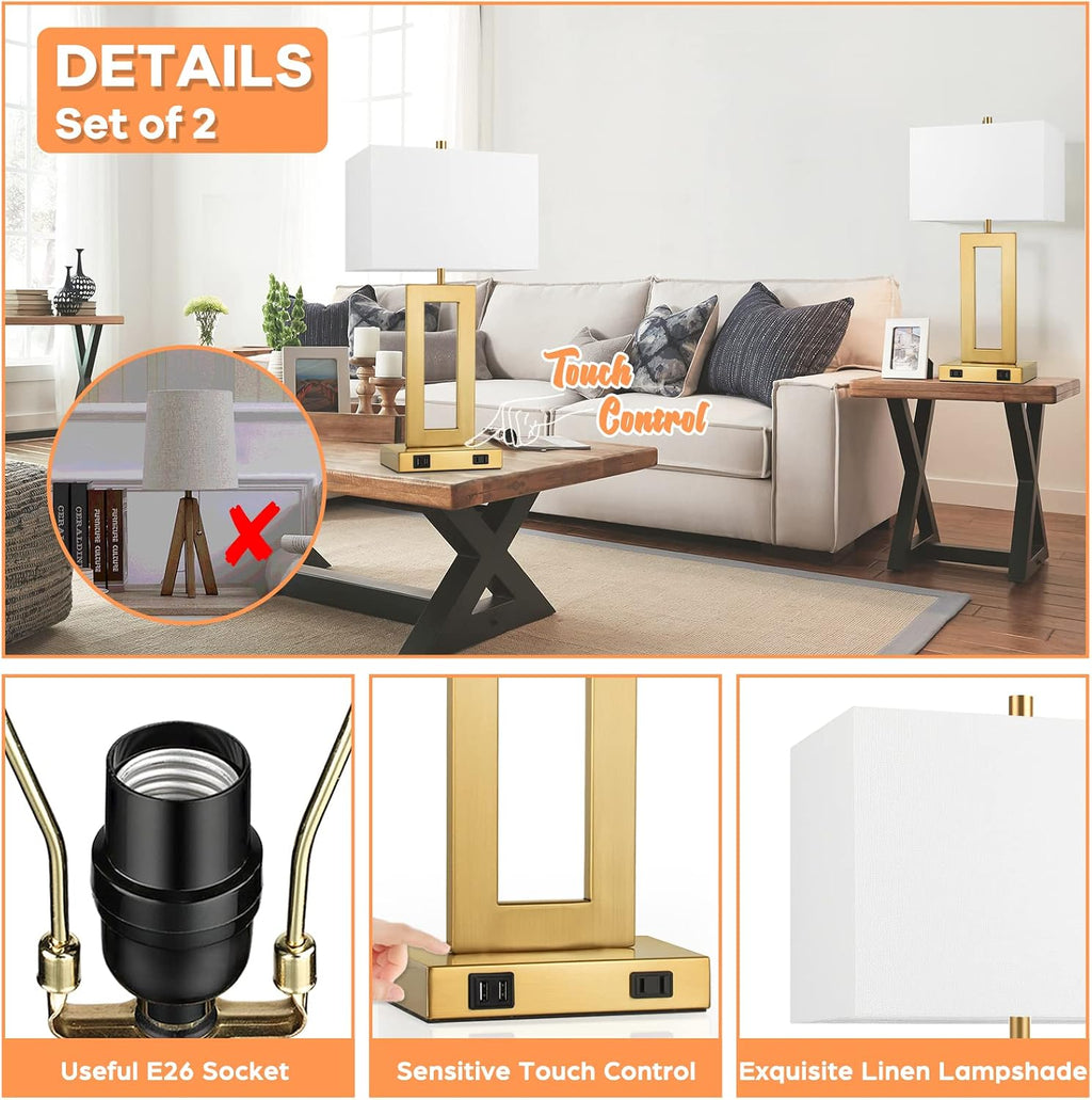 Tobusa 22’’ Table Lamps for Bedrooms Set of 2, Gold Bedside USB Desk Lamp with AC Outlet, Touch Control Modern Vintage Living Room Table La…